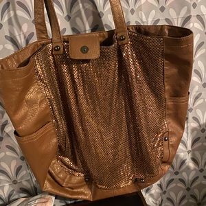 Stella & Max Brown Faux Leather Bag With Metal Panel Detail Multiple Storage Opt